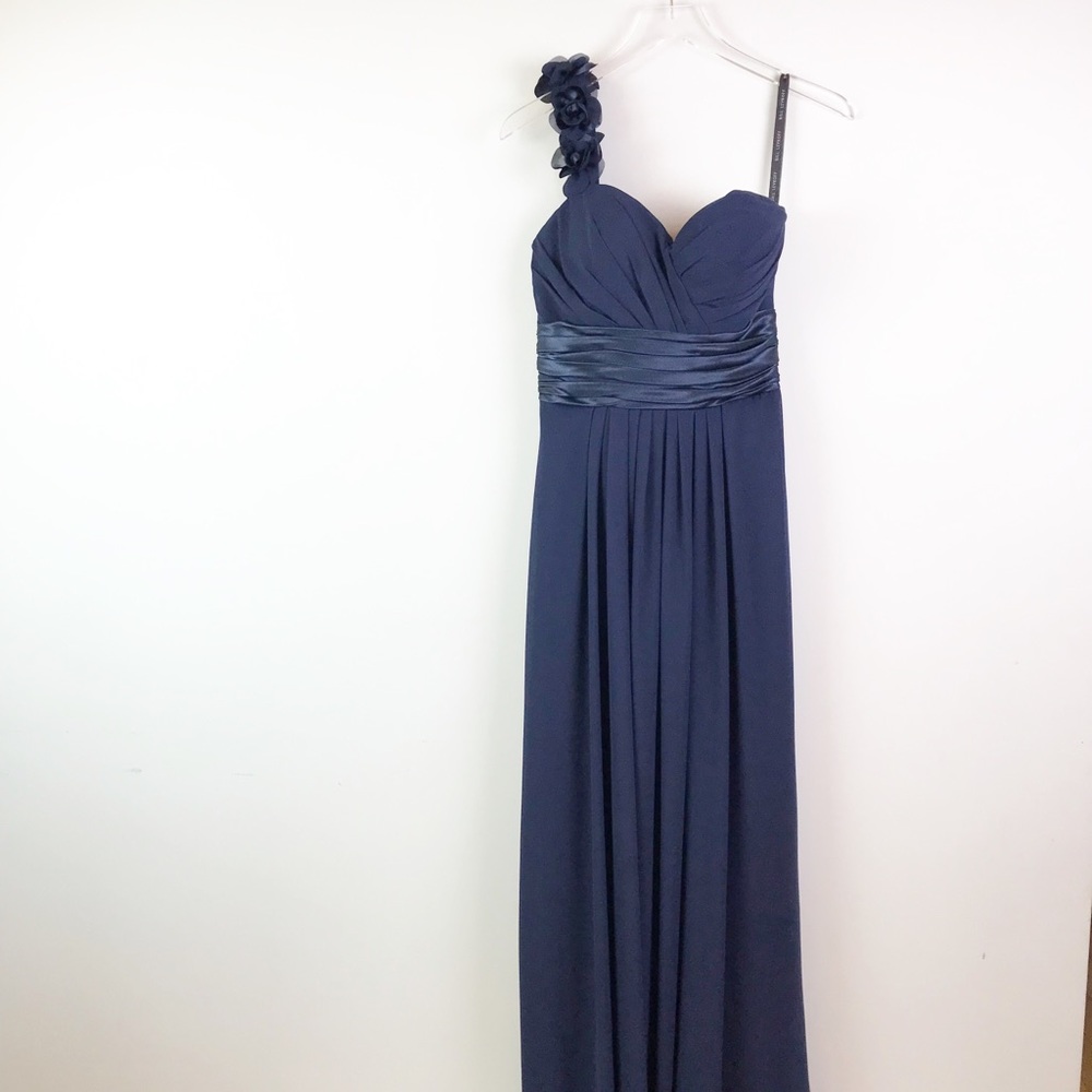 Bill Levkoff Navy One Shoulder Flowers Dress 4